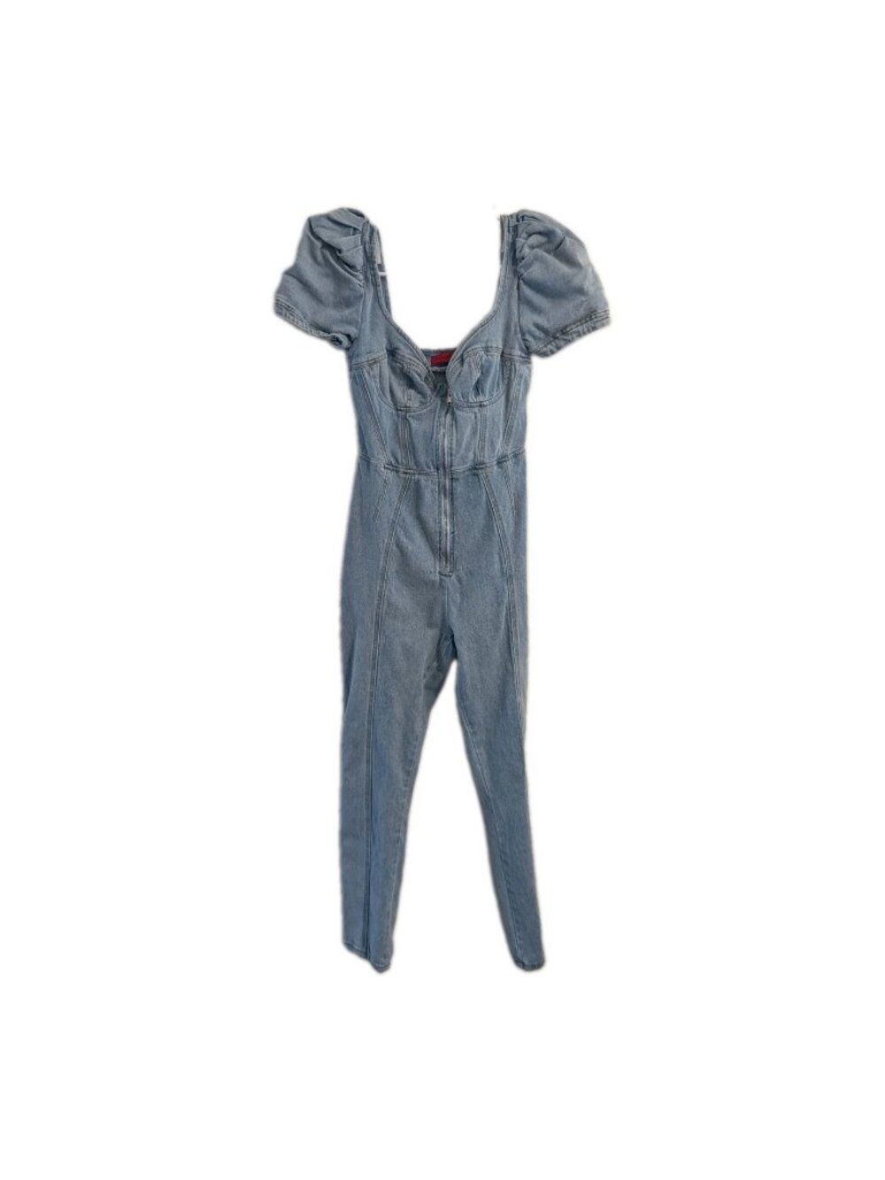 Signature 8 Denim Y2K Jumpsuit Women's Small Puff Sleeve Zip Front Light Wash